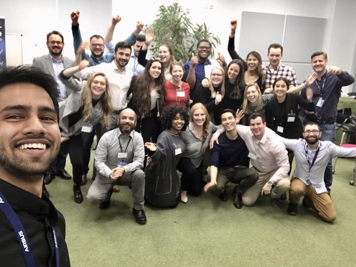 Akshay with Fellows in Madrid at the Airbus BizLab site.